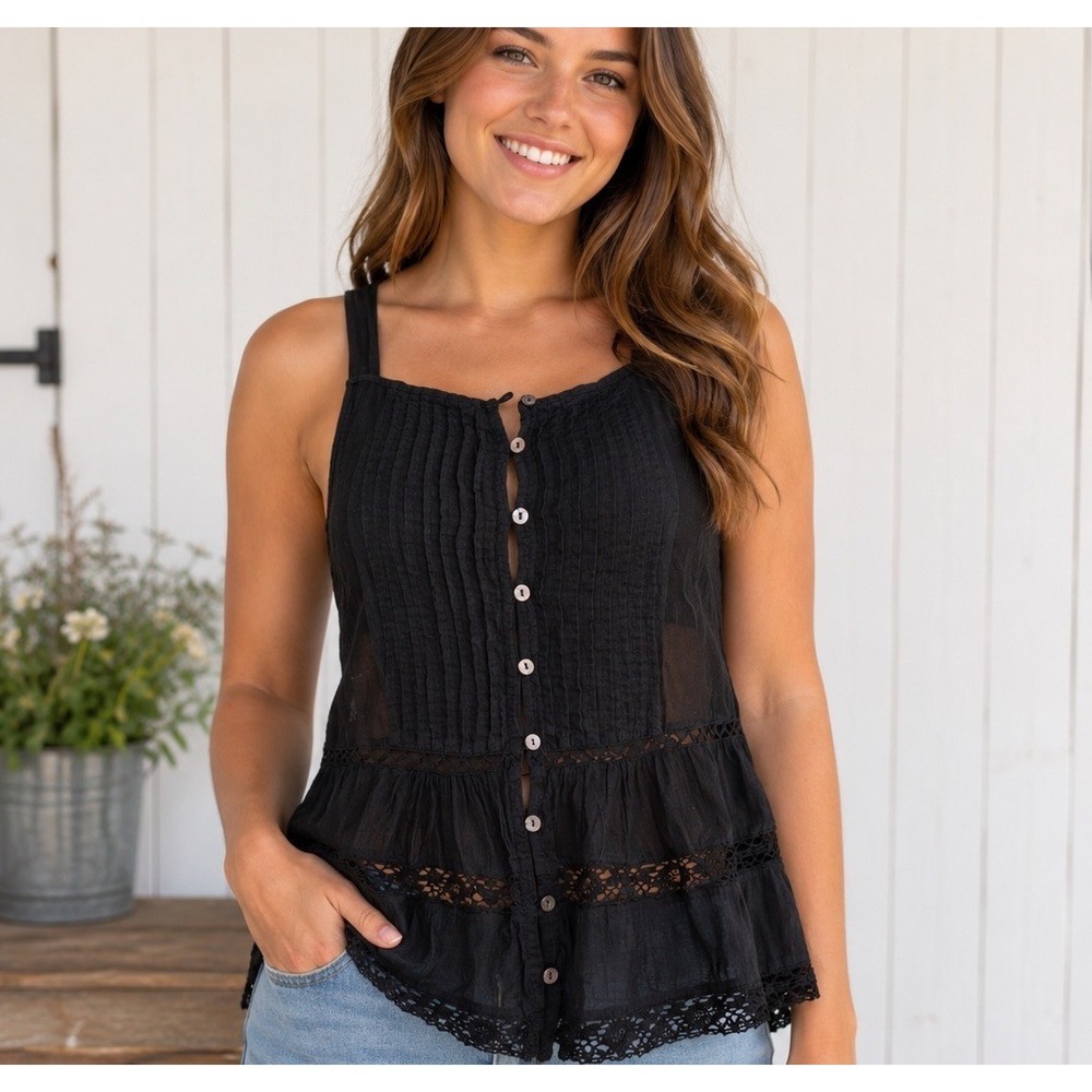 Free People S- M Black Open Knit Button-Front Tank Top Boho Cotton Crochet India